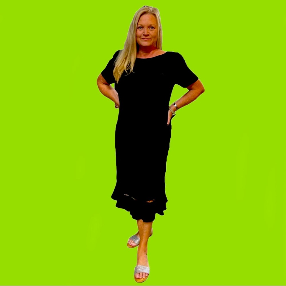 Size 16 SHOMI by Millie Shor Black Dress Tulip Cut Out Hem 3/4 Sleeve Event